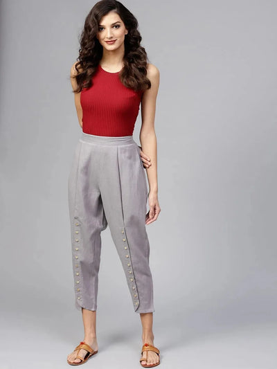 Grey Solid Cotton Trousers - Libas