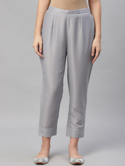 Grey Solid Crepe Trousers - Libas