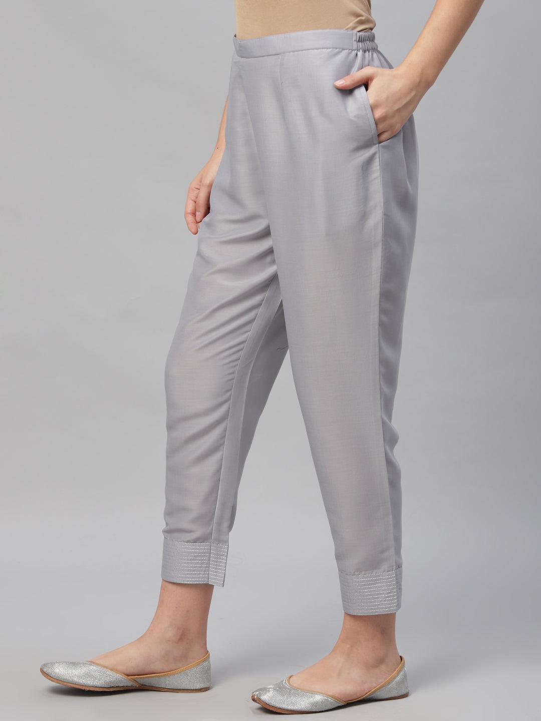 Grey Solid Crepe Trousers