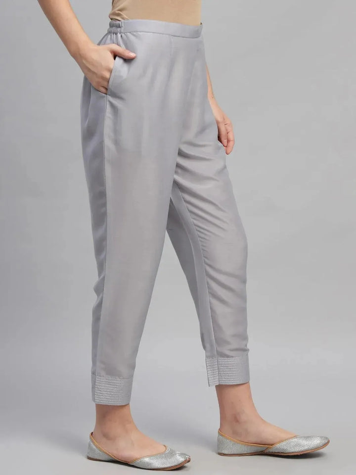 Grey Solid Crepe Trousers - Libas