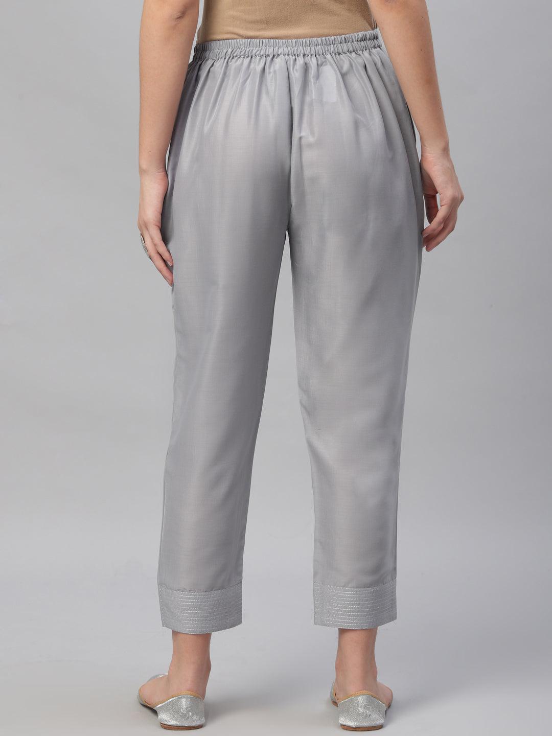 Grey Solid Crepe Trousers