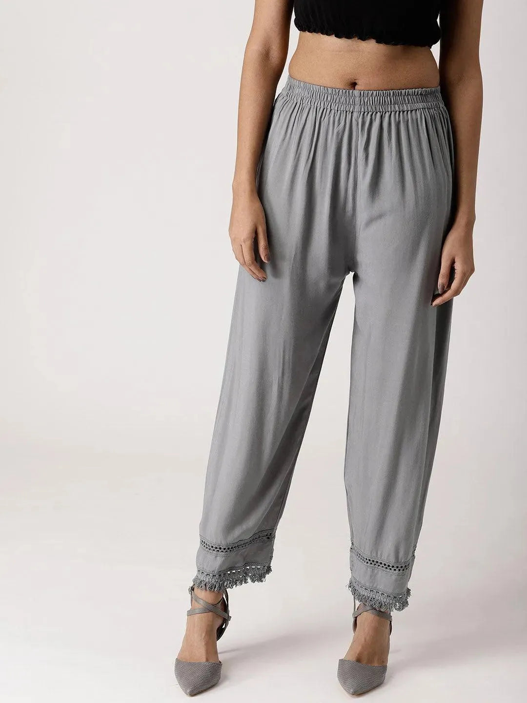 Grey Solid Rayon Palazzos - Libas