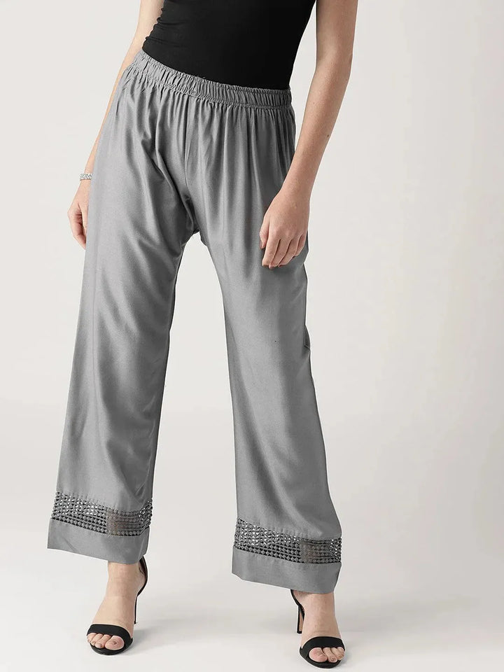 Grey Solid Rayon Palazzos - Libas