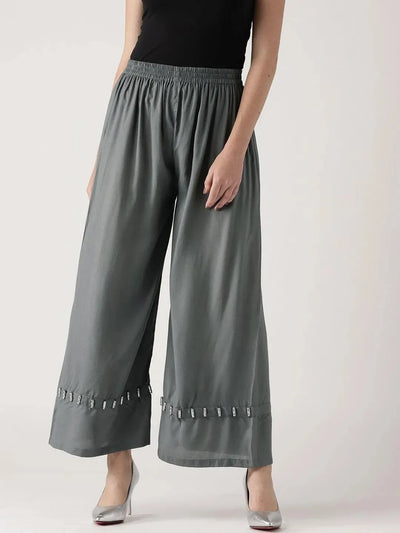 Grey Solid Rayon Palazzos - Libas