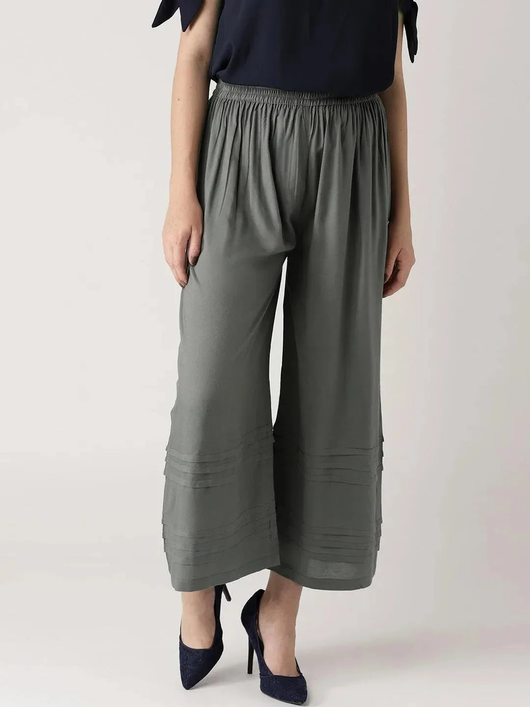 Grey Solid Rayon Palazzos - Libas