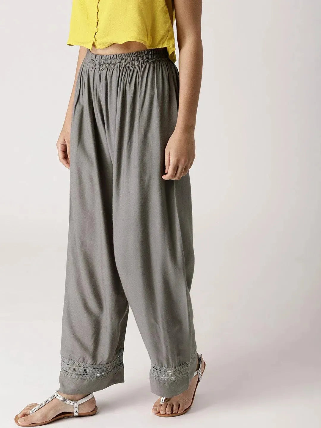 Grey Solid Rayon Palazzos - Libas 