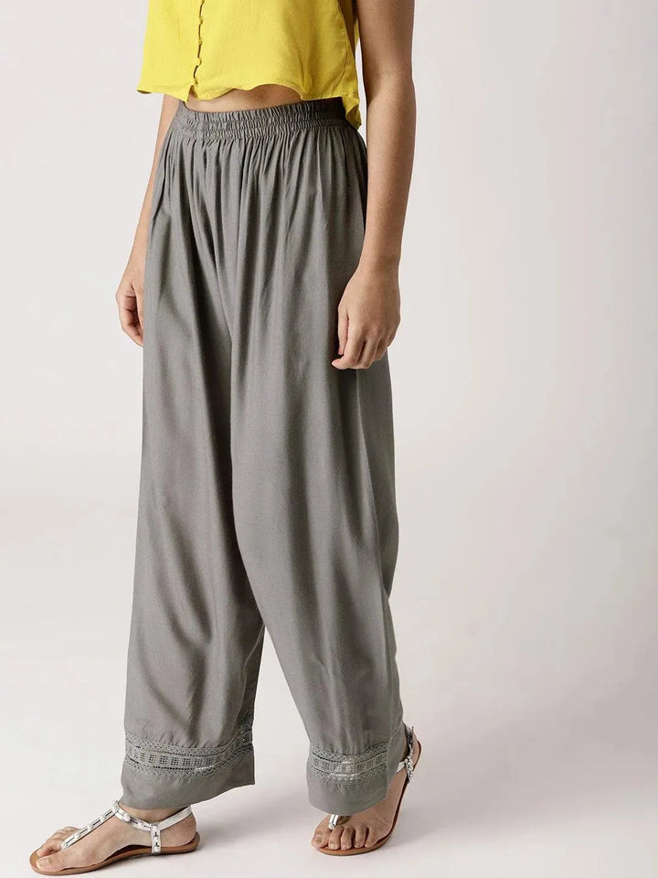 Grey Solid Rayon Palazzos - Libas