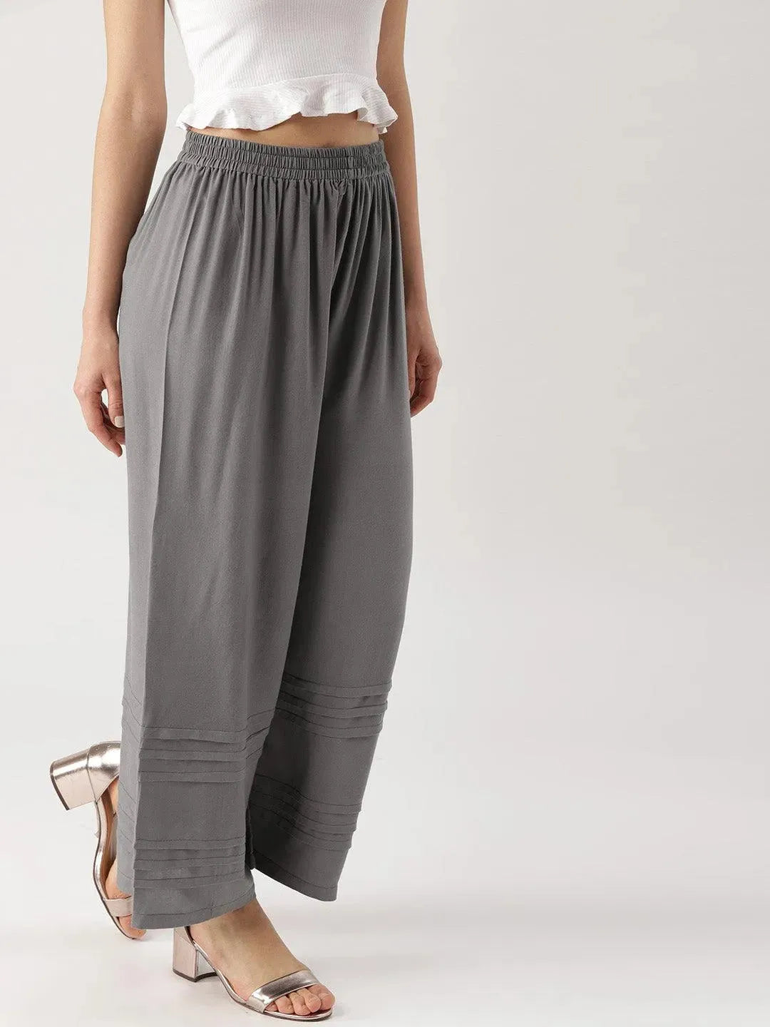 Grey Solid Rayon Palazzos - Libas 