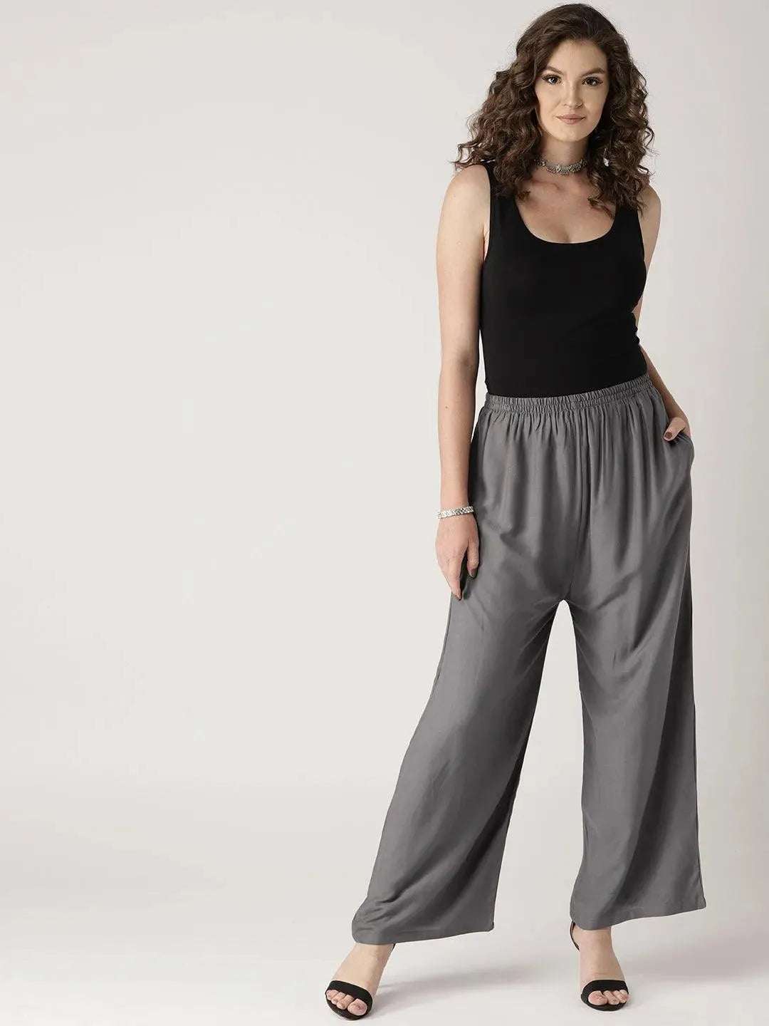 Grey Solid Rayon Palazzos - Libas