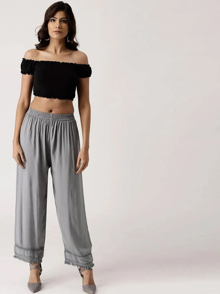 Grey Solid Rayon Palazzos - Libas
