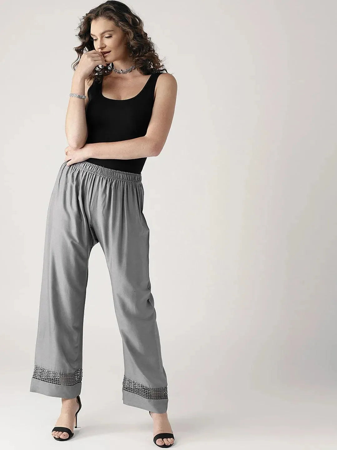 Grey Solid Rayon Palazzos - Libas