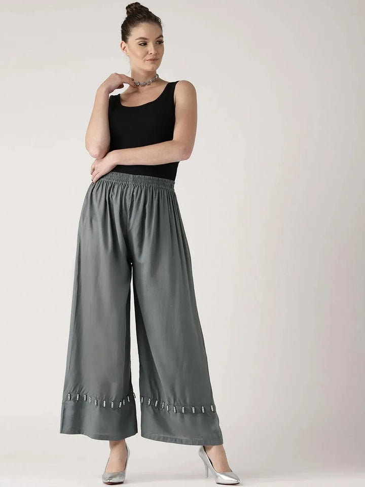 Grey Solid Rayon Palazzos - Libas