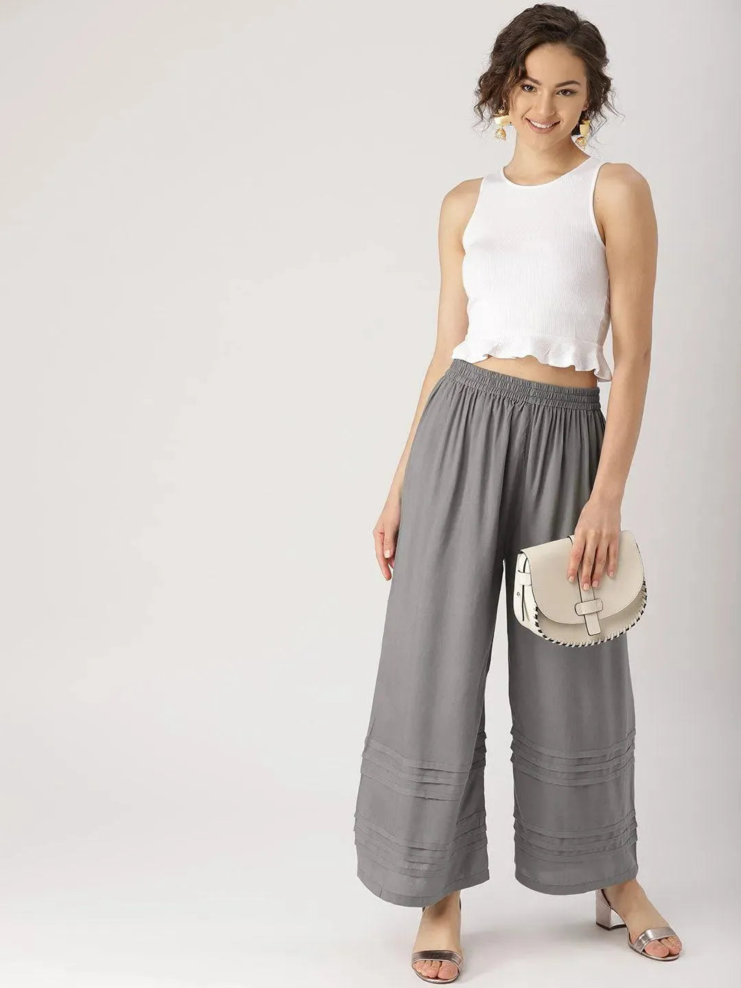 Grey Solid Rayon Palazzos - Libas 