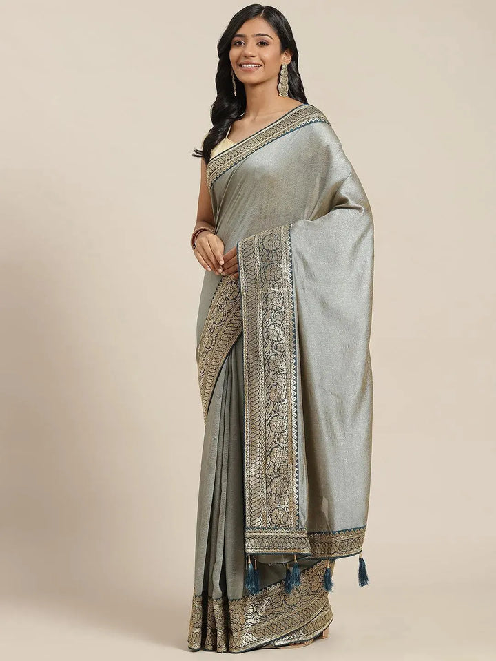 Grey Solid Silk Blend Saree - Libas