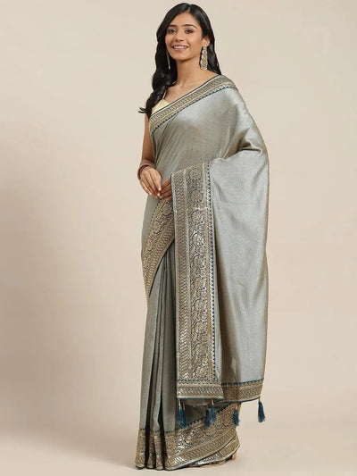 Grey Solid Silk Blend Saree - Libas