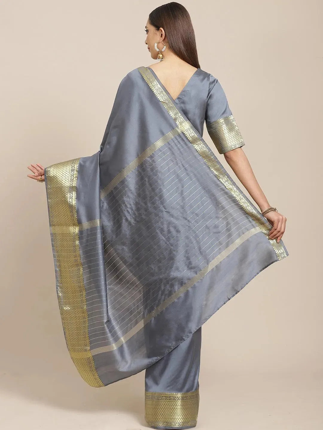 Grey Solid Silk Blend Saree - Libas 