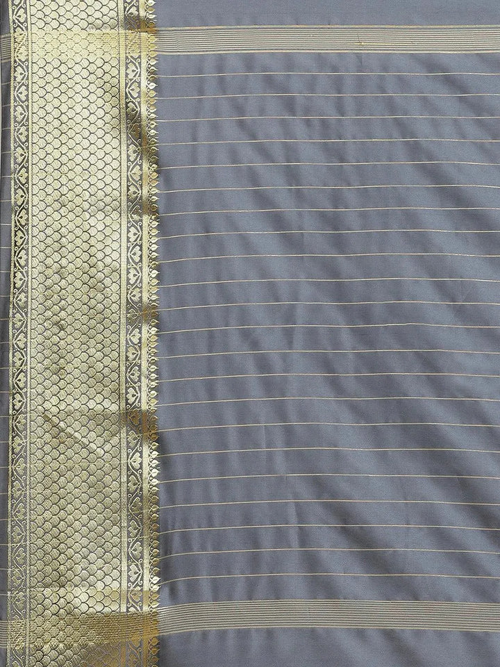 Grey Solid Silk Blend Saree - Libas