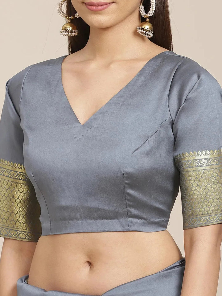 Grey Solid Silk Blend Saree - Libas