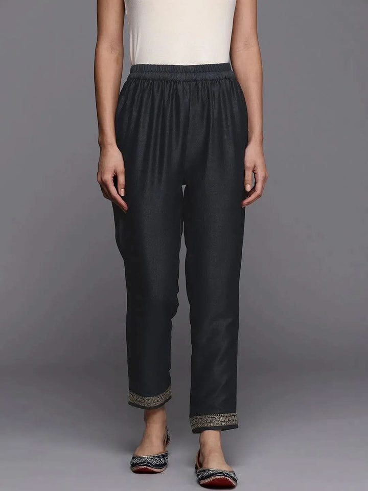 Grey Solid Silk Blend Trousers - Libas