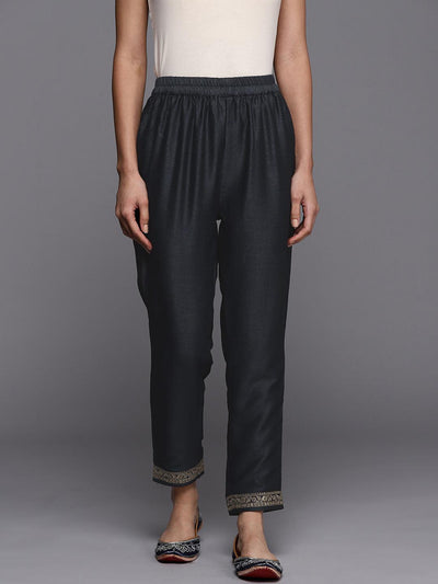 Grey Solid Silk Blend Trousers - Libas