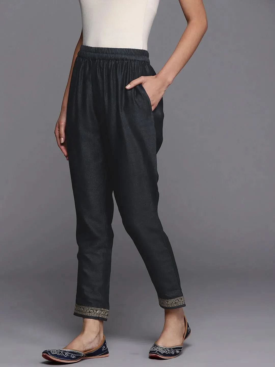 Grey Solid Silk Blend Trousers - Libas 