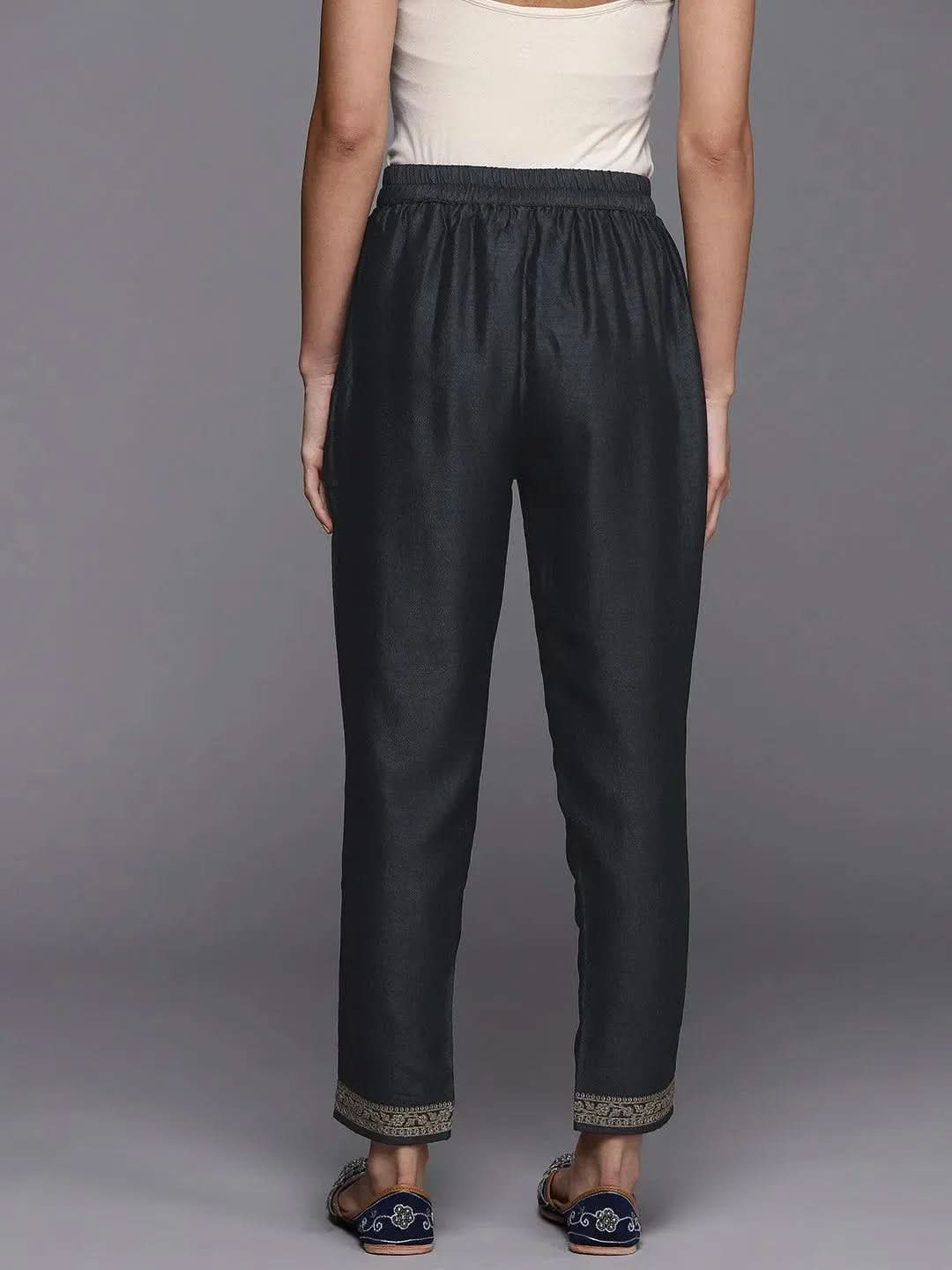 Grey Solid Silk Blend Trousers - Libas 