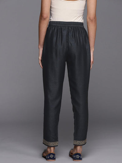 Grey Solid Silk Blend Trousers - Libas