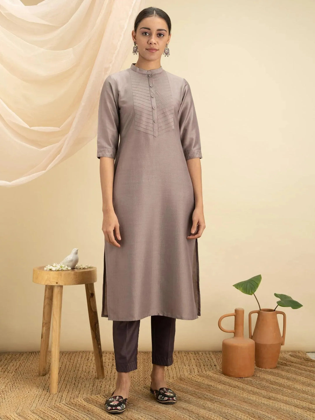 Grey Solid Silk Kurta - Libas