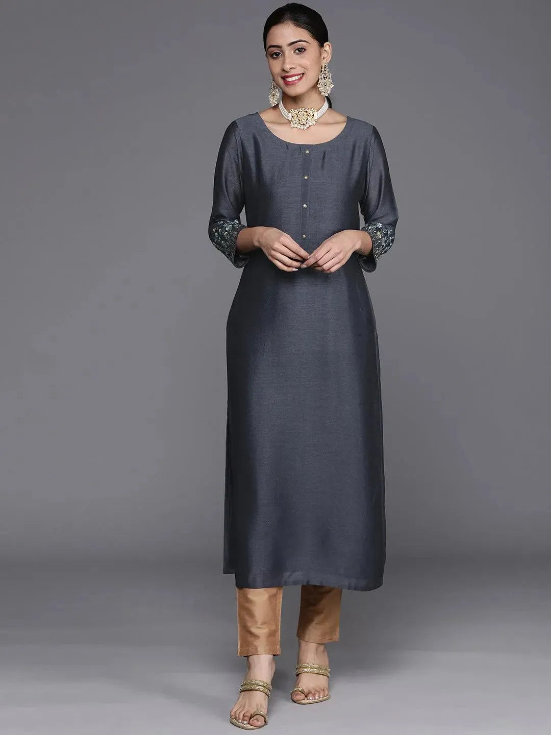 Grey Solid Silk Kurta - Libas