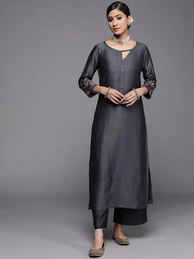 Grey Solid Silk Kurta - Libas