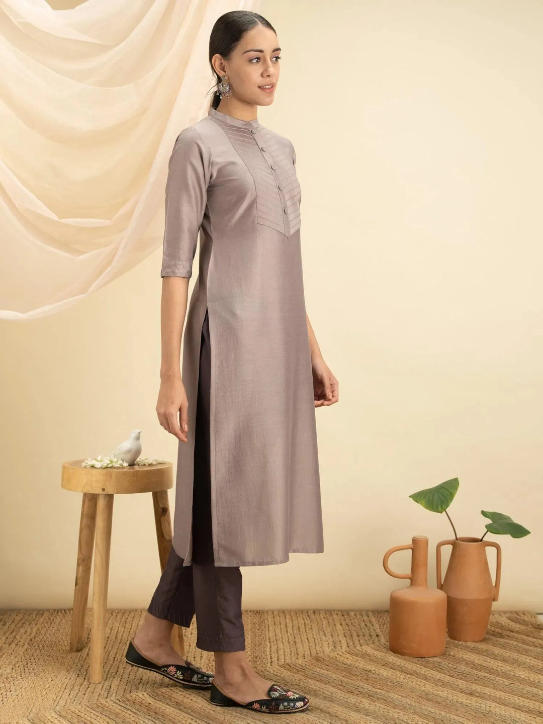 Grey Solid Silk Kurta - Libas