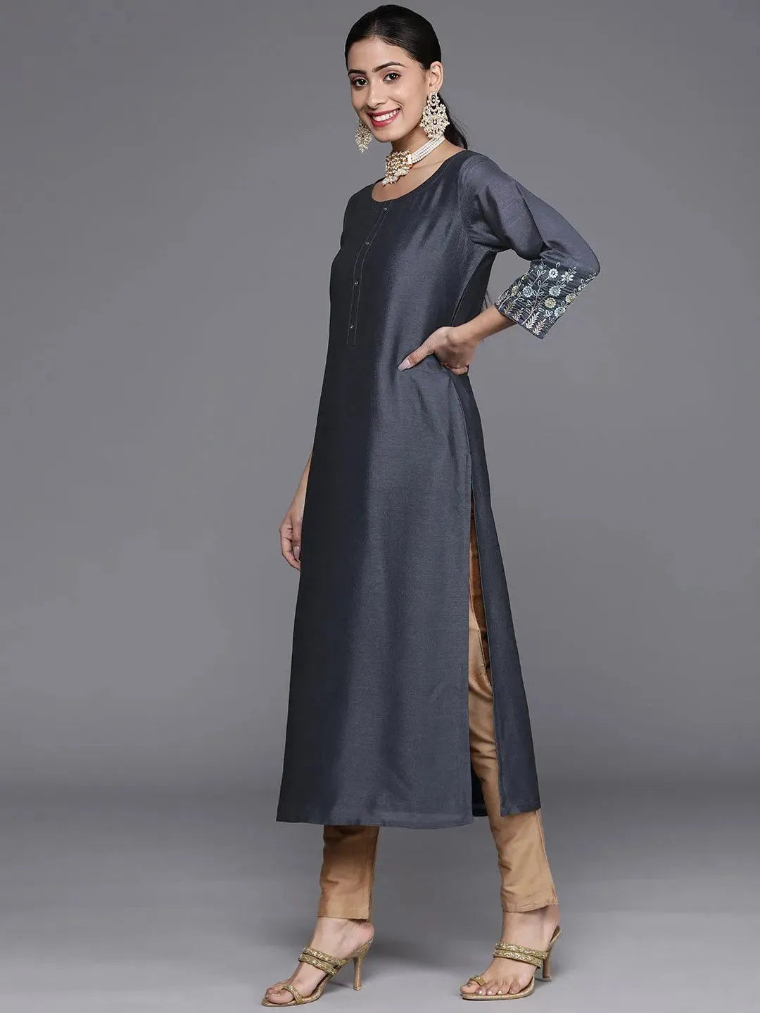 Grey Solid Silk Kurta - Libas