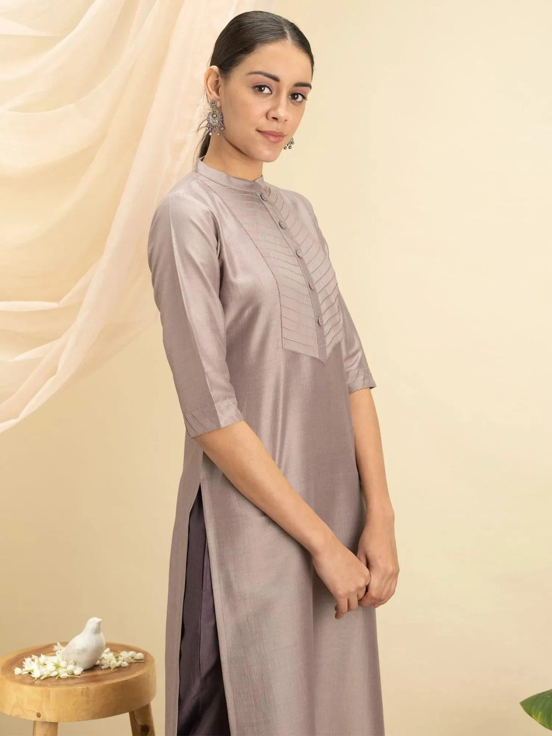 Grey Solid Silk Kurta - Libas