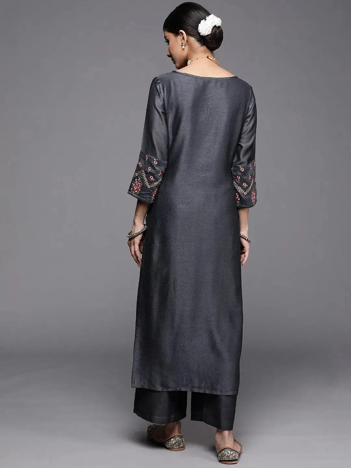 Grey Solid Silk Kurta - Libas