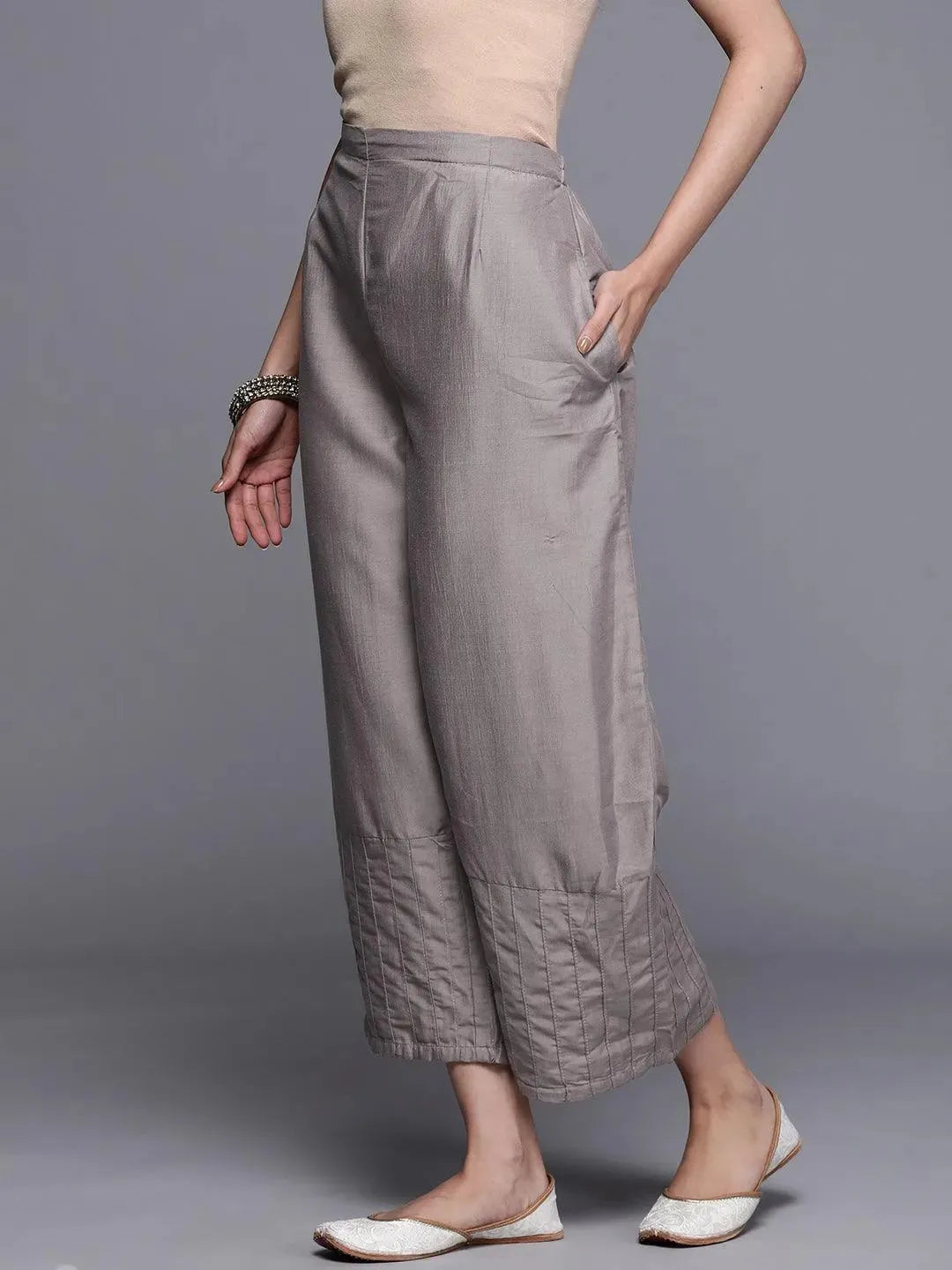 Grey Solid Silk Palazzos - Libas