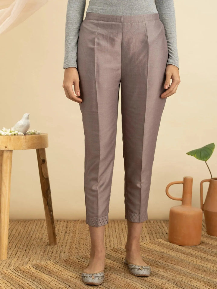 Grey Solid Silk Trousers - Libas