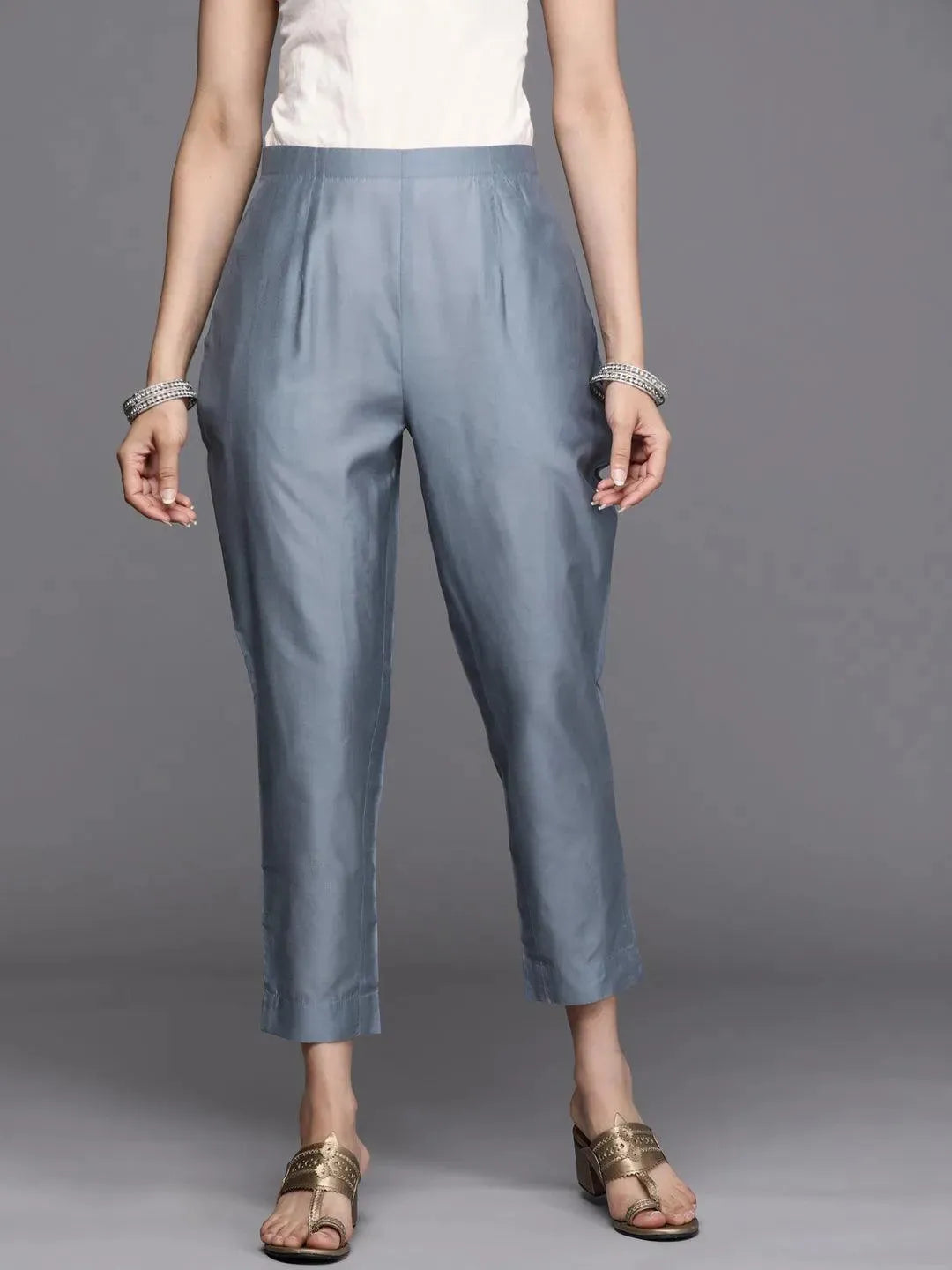 Grey Solid Silk Trousers - Libas