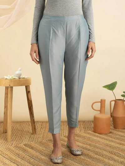 Grey Solid Silk Trousers - Libas