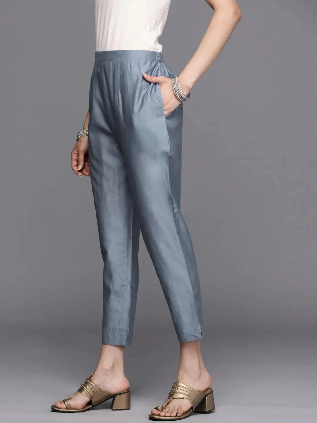 Grey Solid Silk Trousers - Libas