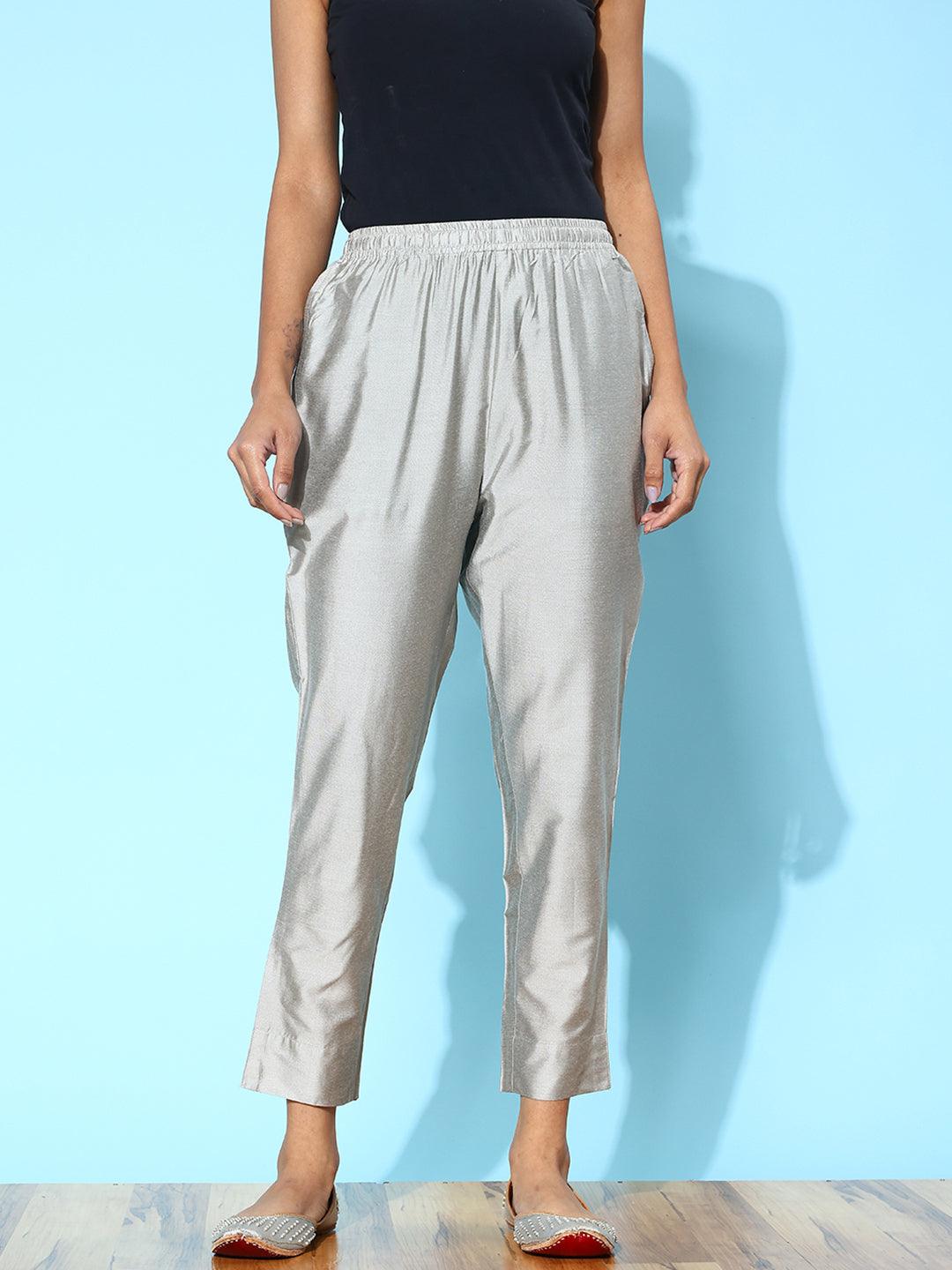 Grey Solid Silk Trousers
