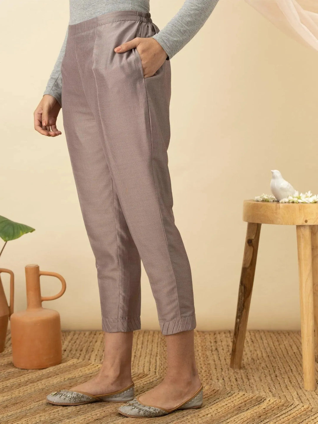 Grey Solid Silk Trousers - Libas 