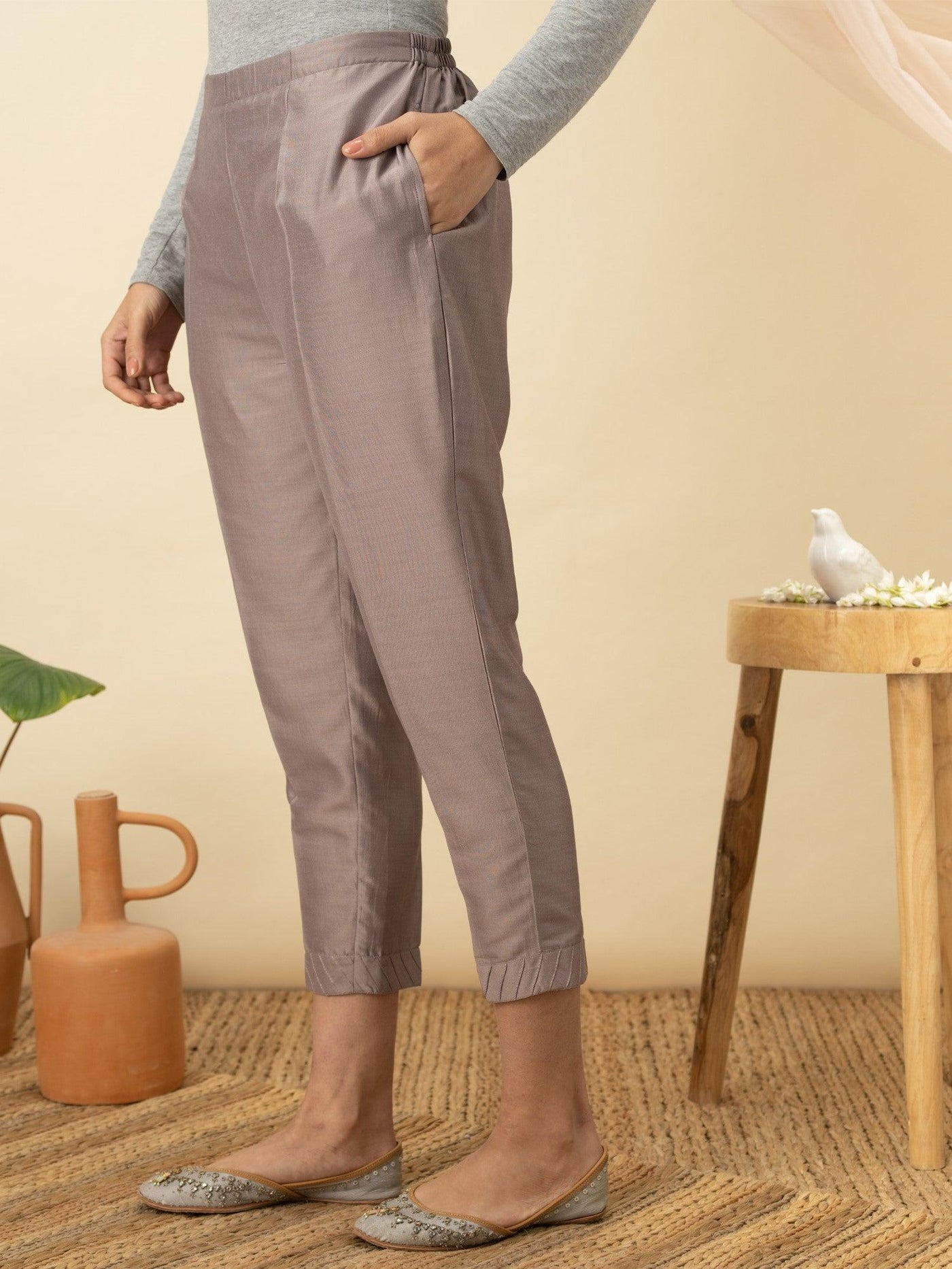 Grey Solid Silk Trousers - Libas