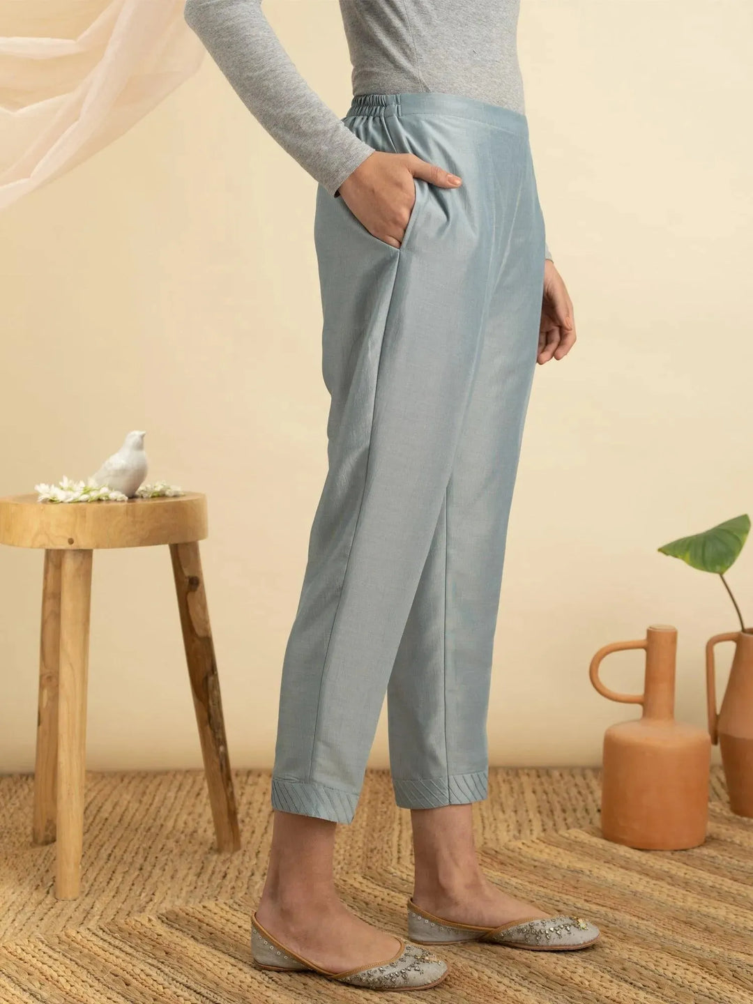 Grey Solid Silk Trousers - Libas 