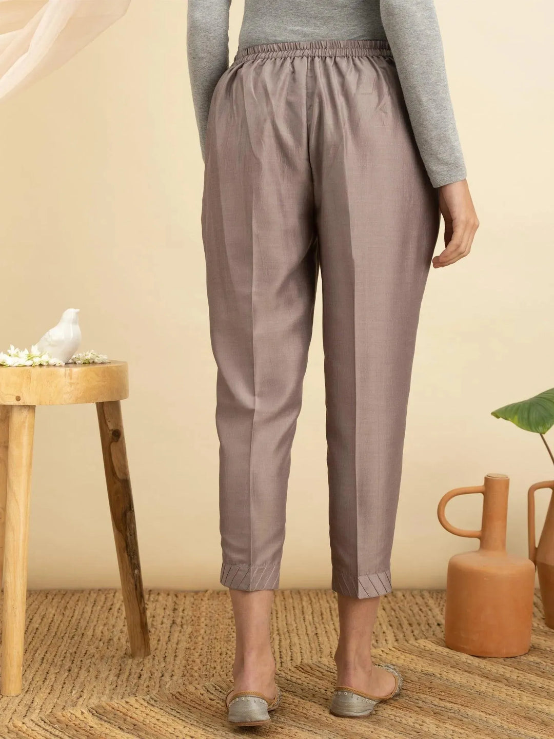 Grey Solid Silk Trousers - Libas