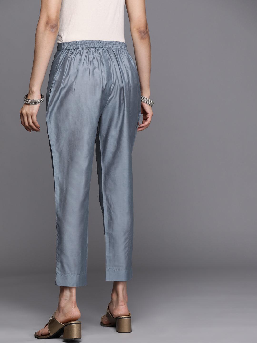 Grey Solid Silk Trousers