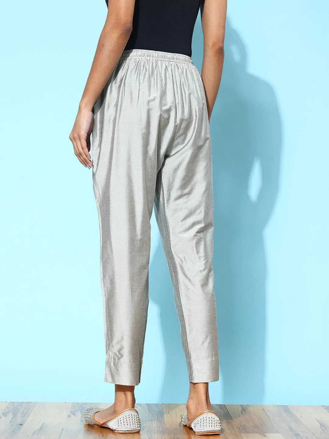 Grey Solid Silk Trousers - Libas 
