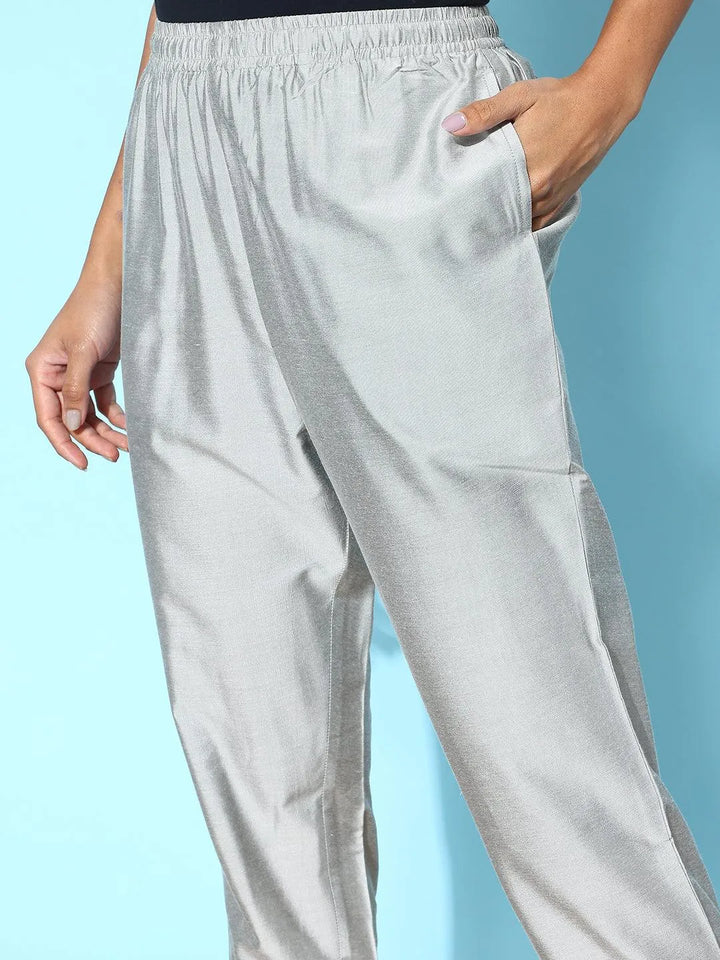 Grey Solid Silk Trousers - Libas