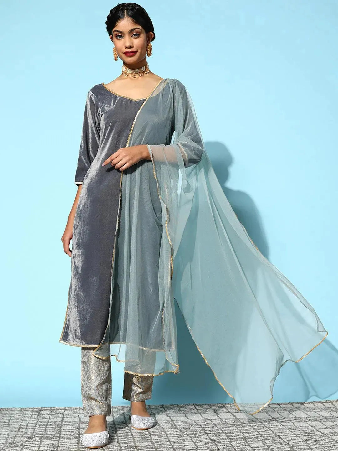 Grey Solid Velvet Straight Suit Set - Libas 