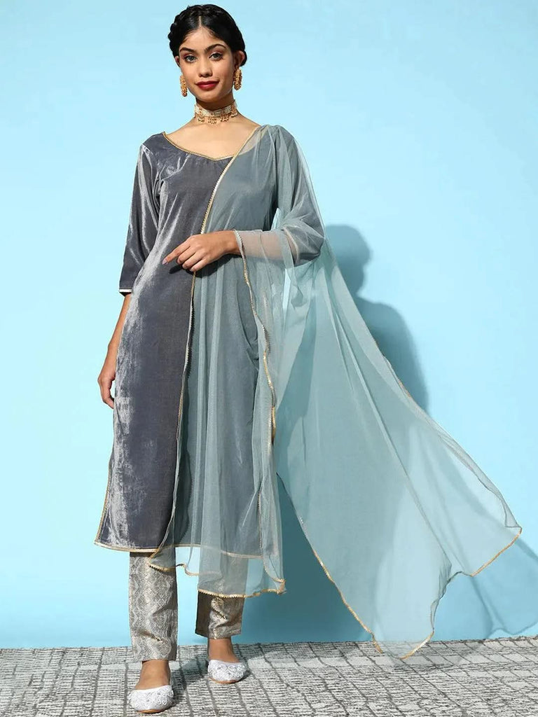 Libas Grey Solid Velvet Straight Kurta With Trousers Dupatta