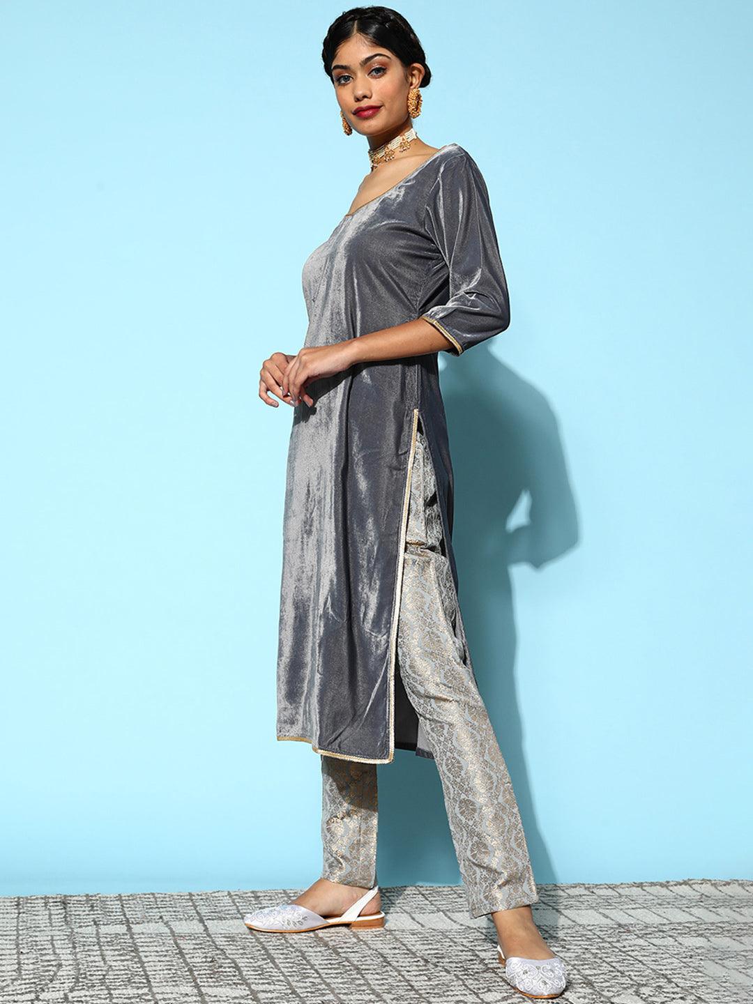 Grey Solid Velvet Straight Suit Set - Libas